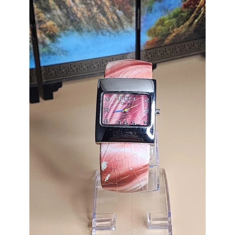 CHRISTI Ladies Quartz Designer Open Cuff Bracelet Watch Pink & Silver Tone 31mm